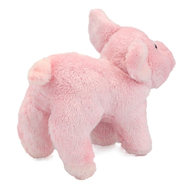 Soft pink plush pig with curly tail and large ears, standing view, Pig Buttons stuffed animal, 6 inches tall.