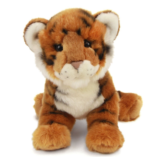 Bengal Tiger Pancake plush with soft orangey striped fur, white chest, and sweet eyes, made by Douglas, 14 inches tall.