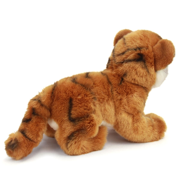 Bengal Tiger Pancake plush toy with soft orangey striped fur and white chest, made by Douglas, 14 inches, surface washable.