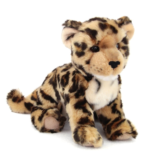 Leopard Cub Spatter plush toy with soft spotted fur, posable body, and lifelike amber eyes, perfect for cuddling and play.