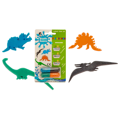 Bath Beans Dinosaurs with colorful sponge dinosaur toys revealed from dissolving bath capsules for fun bath time play.