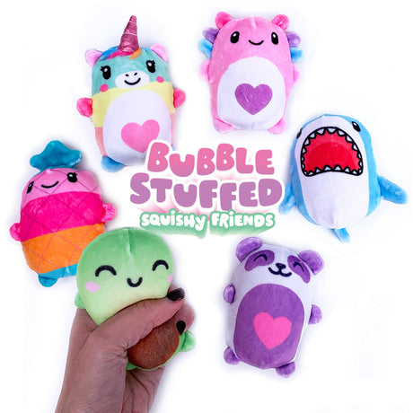 Colorful Bubble Stuffed Squishy Friend plush toys with bubble-filled texture shown in assorted fun designs.