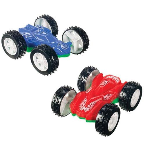 Two colorful friction-powered Double-Sided Flip Cars, designed to flip and keep going over obstacles.