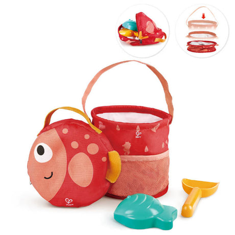 Beach Set Fold n Go with fish-design bag, fold-out bucket, small spade, and fish-shaped sand mold for summer play.
