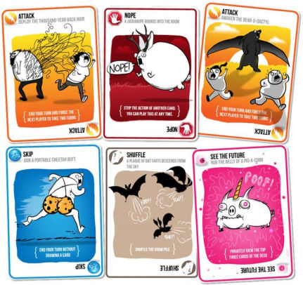 Exploding Kittens: Original Edition card game showing six illustrated gameplay cards with kittens and goats.