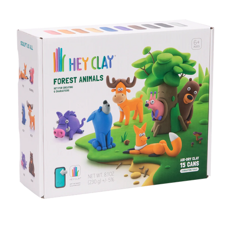 Hey Clay Forest Animals clay kit with 15 colorful cans to create six detailed forest animal figurines for kids ages 6 and up.