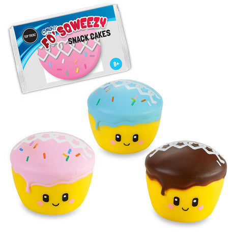 OMG Fo' Squeezy Cupcake squishy toys in pink, blue, and chocolate frosting with cute smiling faces.