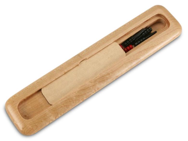 Bird's-Eye Maple Travel Cribbage Board with built-in peg storage in a sleek, travel-sized wooden design.