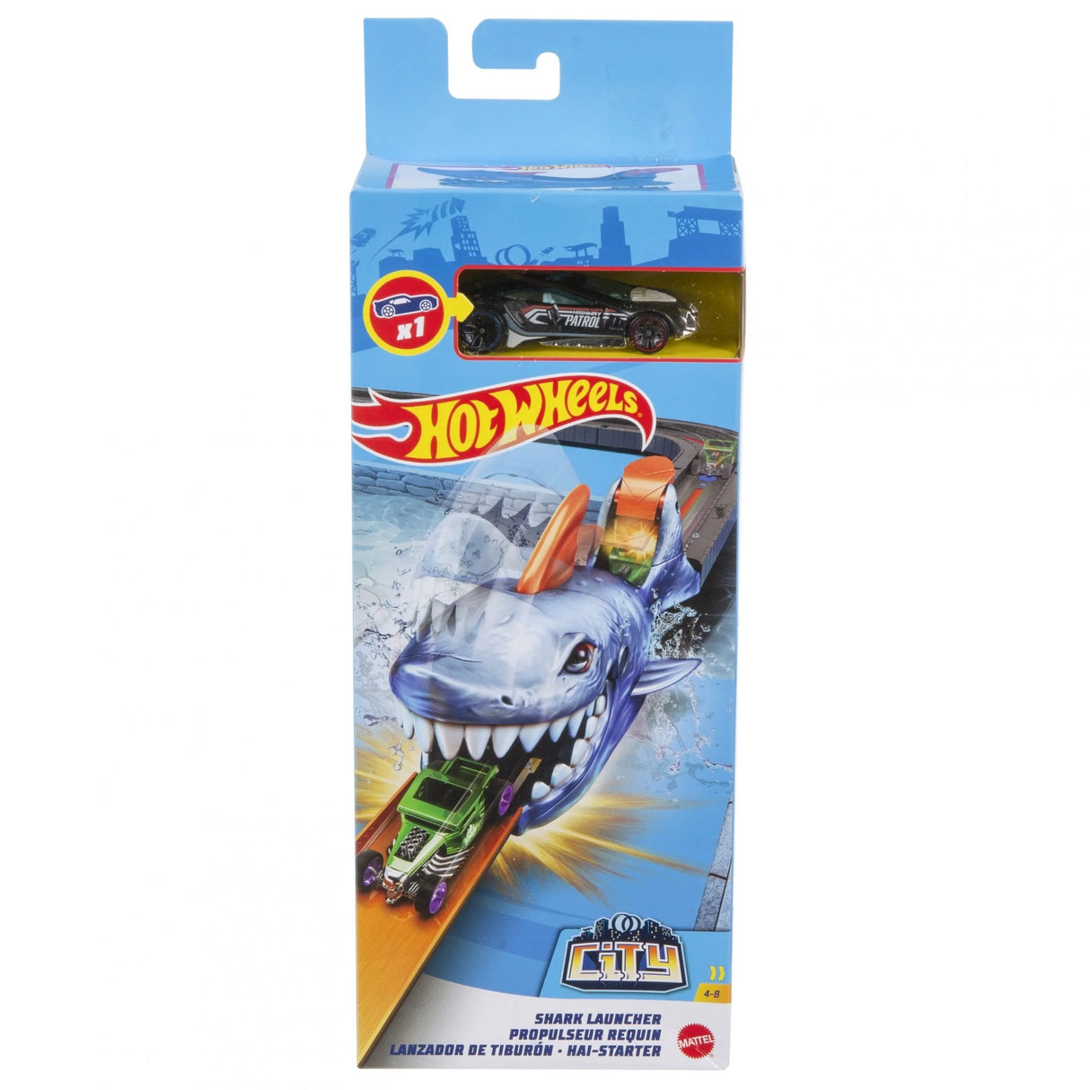 Hot Wheels Nemesis Launcher Shark Launcher toy with 1:64 scale car in packaging for kids ages 4 and up.