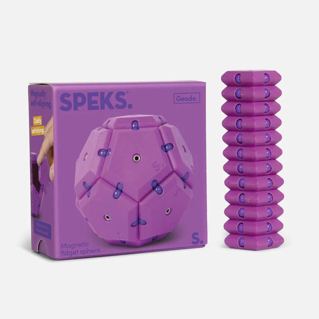 Geode Razzle magnetic fidget toy with 12 purple pentagons that snap and align perfectly for focus and desk decoration.
