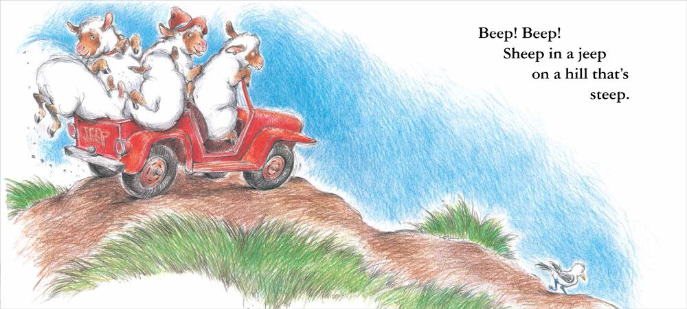 Bright pencil drawing of three sheep riding a red jeep downhill in "Sheep in a Jeep" children's book.
