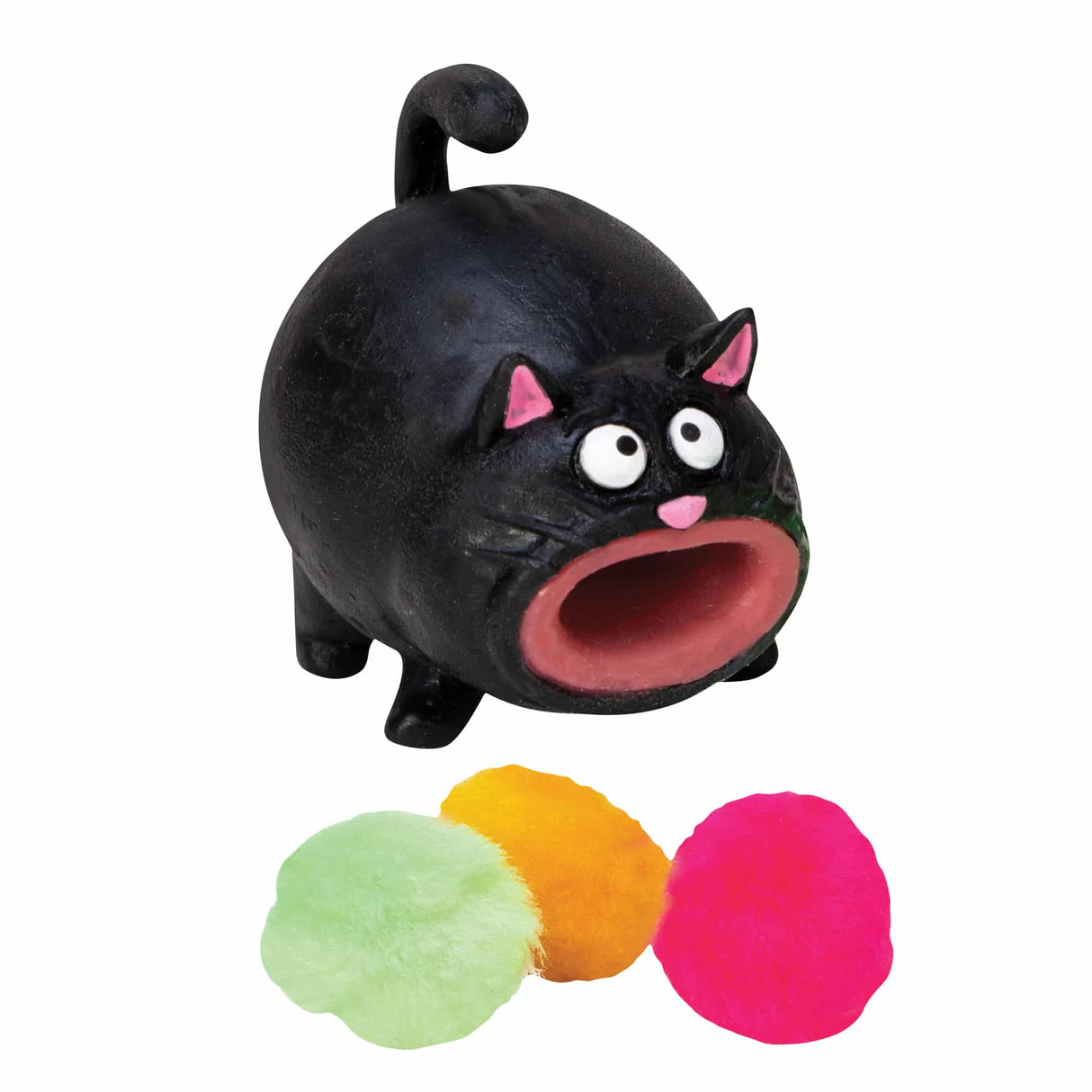 Hairball Kitty toy with a black cat figure and three colorful soft pom pom hairballs for shooting fun.