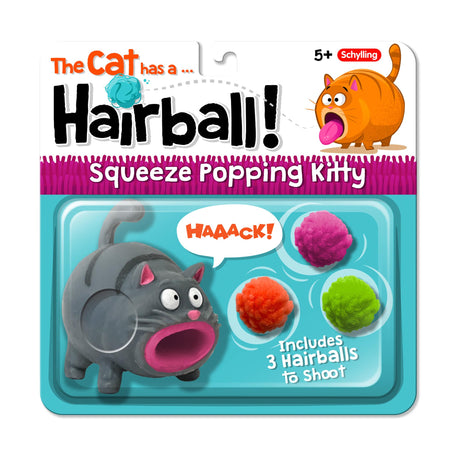 Hairball Kitty squeeze toy with three colorful pom pom hairballs that shoot when pressed, perfect for kids 5 and up.