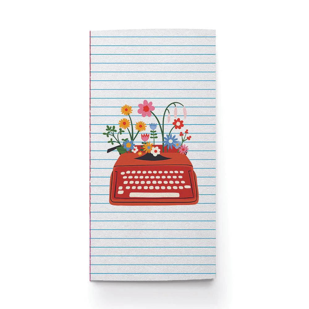 You're My Type Notebook with a red typewriter and colorful flowers on a lined travelers notebook cover.