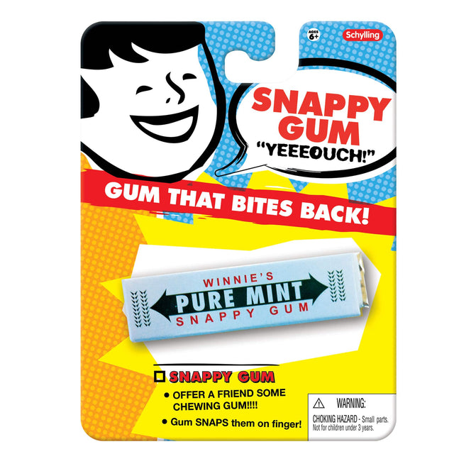 Snappy Gum prank chewing gum packaging with pure mint flavor and a spring that snaps your finger for a fun surprise.