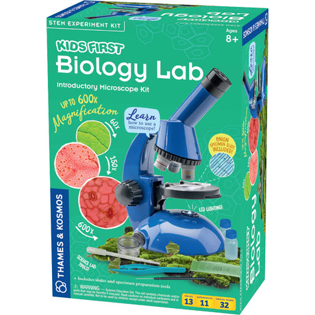 Kids First Biology Lab with blue microscope, specimen slides, and preparation tools for beginner biology experiments.