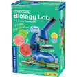 Kids First Biology Lab with blue microscope, specimen slides, and preparation tools for beginner biology experiments.