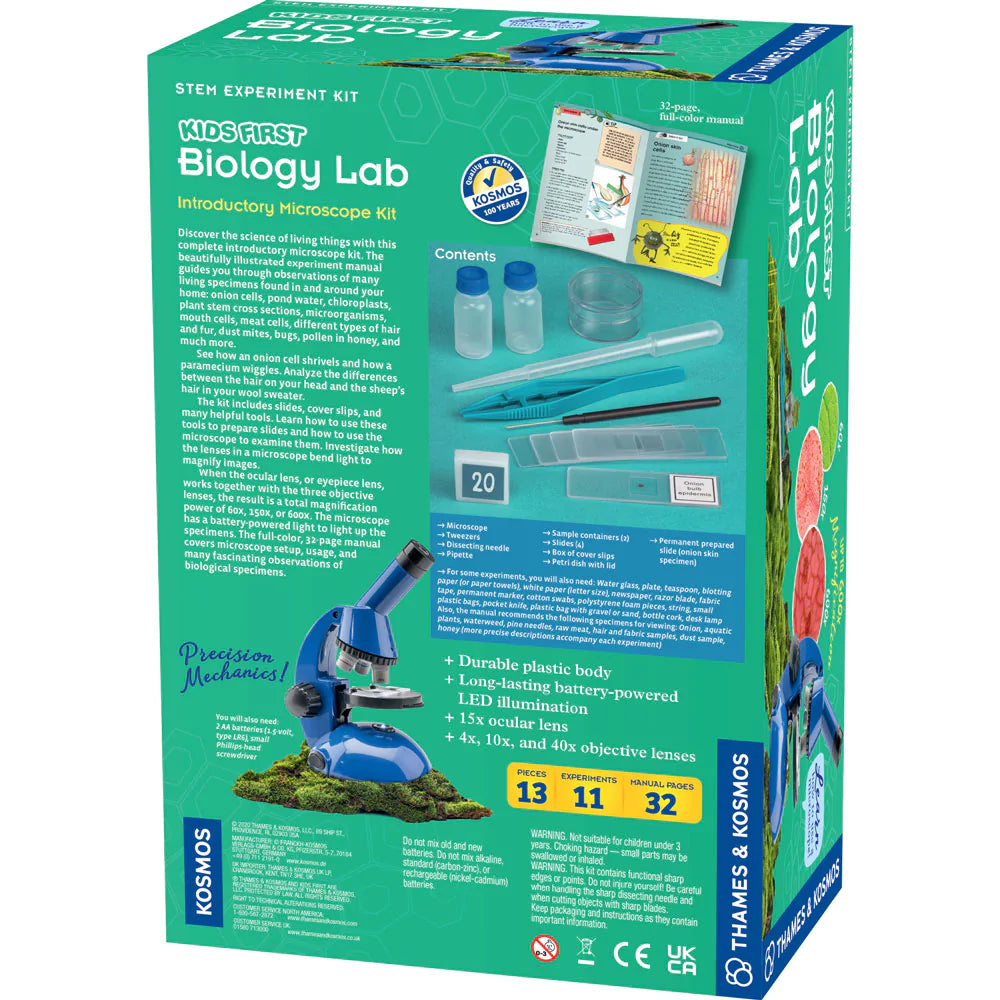 Kids First Biology Lab microscope kit with slides, tools, and manual for beginner biology experiments and observations.