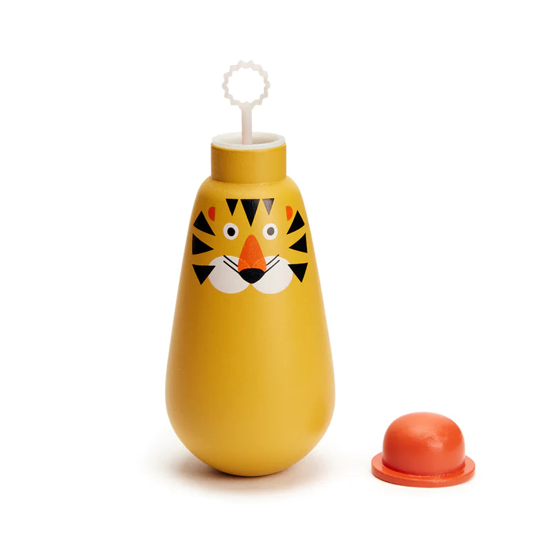 Squeezy Bubbles bubble toy shaped like a tiger, with a removable hat and wand for mess-free bubble fun.