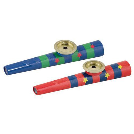 Two colorful tin Kazoos with star patterns, classic musical instruments, shown side by side for the product Kazoo.