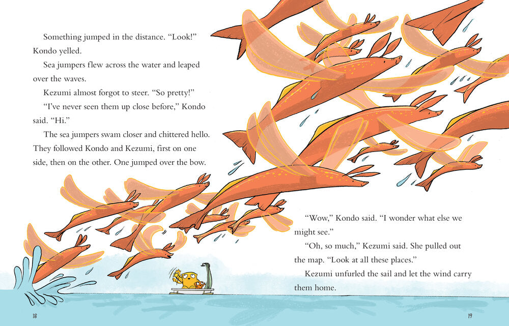 Kondo & Kezumi Visit Giant Island shows sea jumpers flying over waves as friends sail exploring adventure.