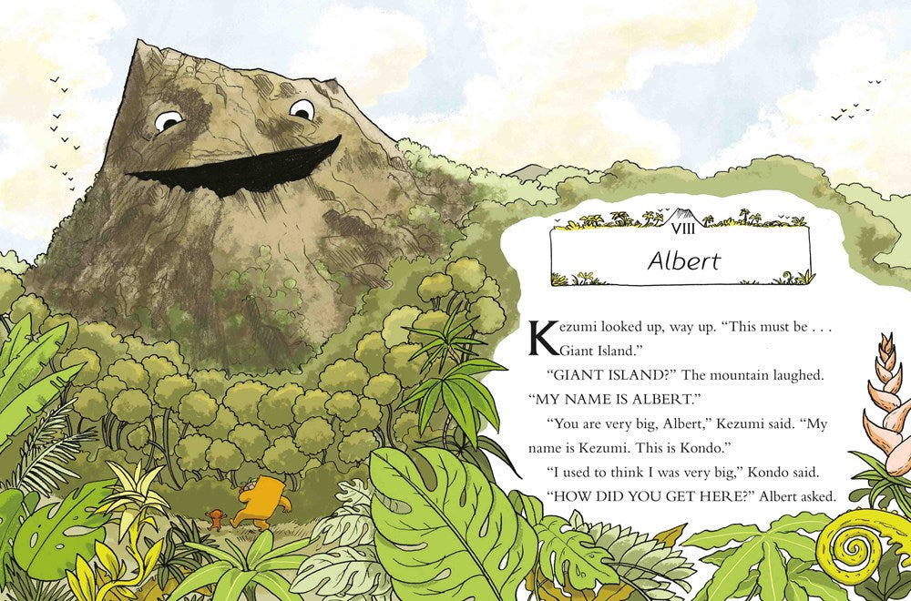Illustration from Kondo & Kezumi Visit Giant Island showing a smiling mountain named Albert and characters in lush greenery.