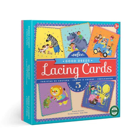 Lacing Cards Good Deeds set with 5 large animal lacing cards and colorful laces for kids aged 3 and up.