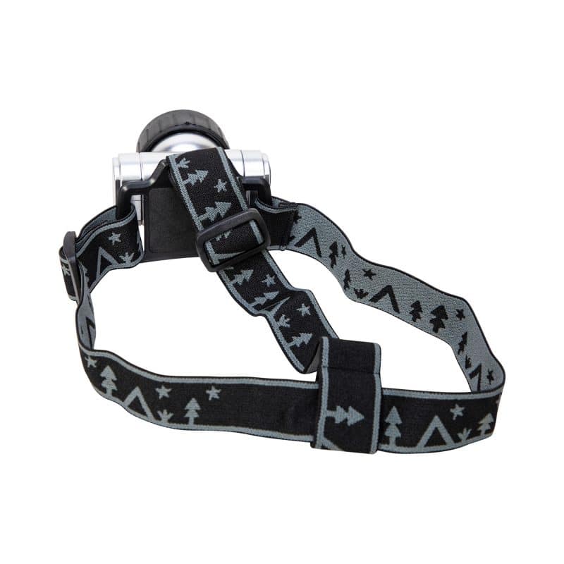 LED Head Lamp with adjustable elastic headband featuring camping-themed design and 7 bright LED lights for outdoor use.