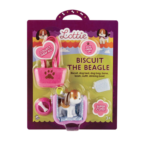 Lottie Biscuit the Beagle toy set with dressable dog figurine, dog bag, leash, bed, bone, outfit, and drinking bowl.