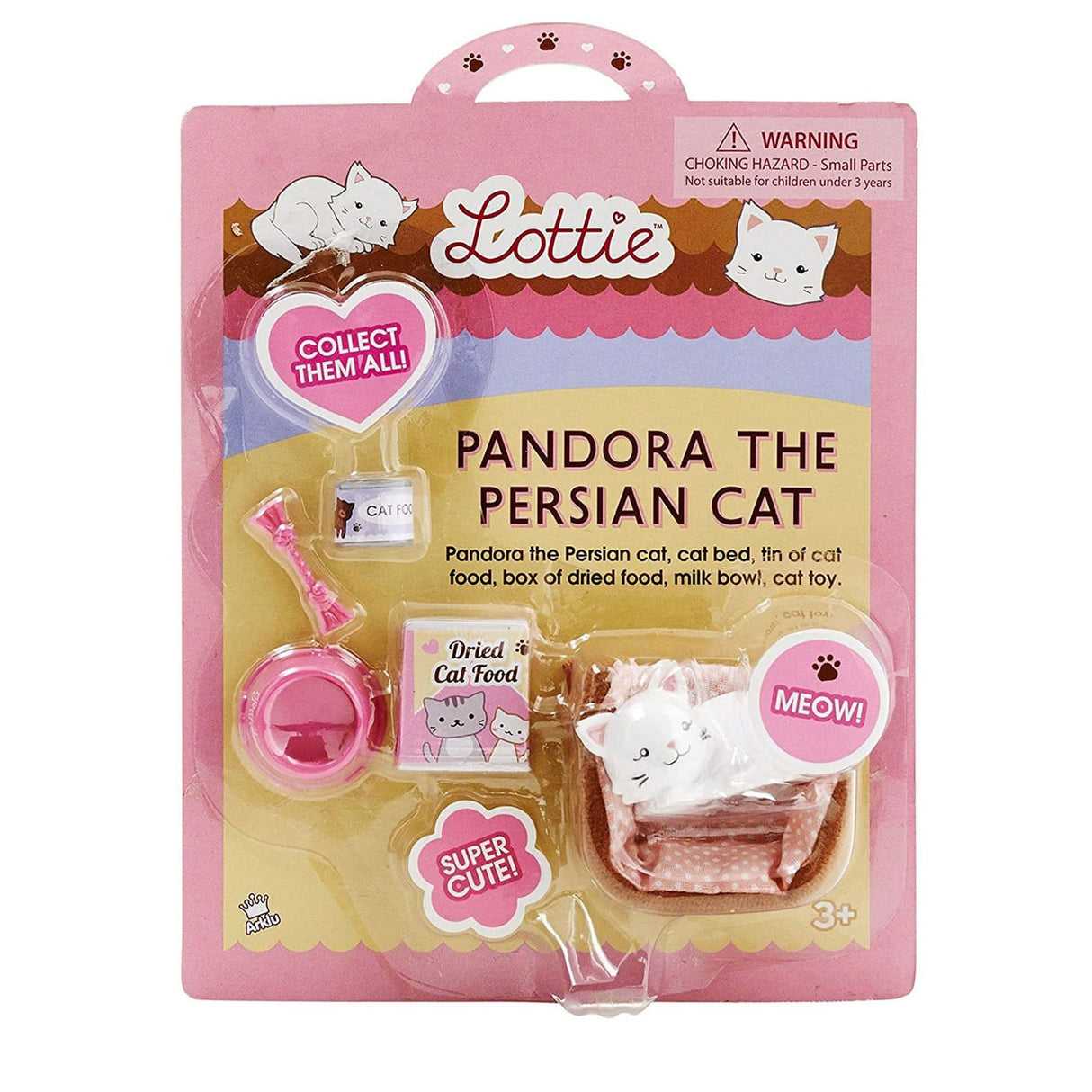 Lottie Pandora the Persian Cat set with cat, bed, cat food, dried food, milk bowl, and toy in pink packaging.