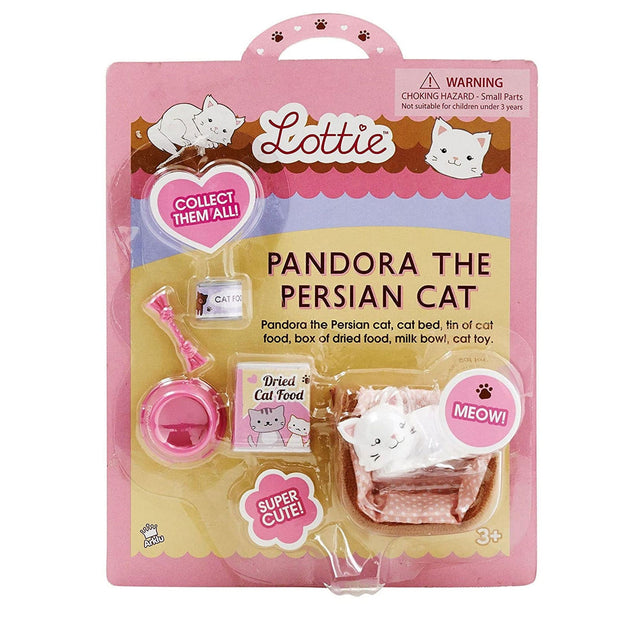 Lottie Pandora the Persian Cat set with cat, bed, cat food, dried food, milk bowl, and toy in pink packaging.