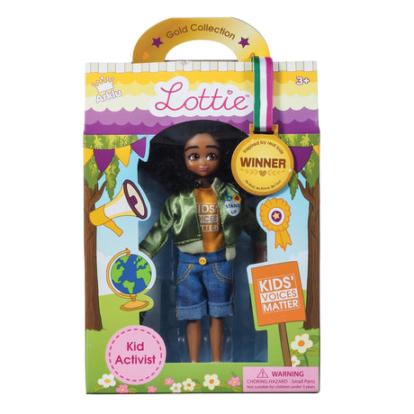 Lottie Kid Activist doll in green bomber jacket and denim shorts holding Kids Voices Matter sign in award-winning packaging.