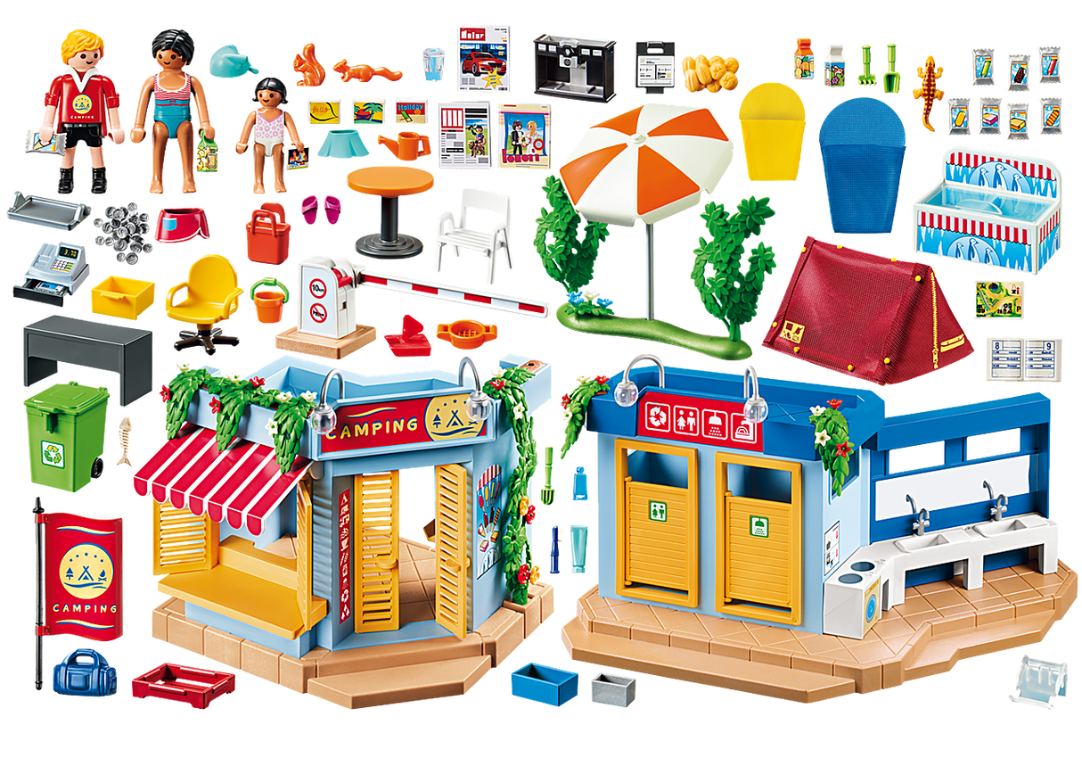 Family Fun | Campground PLAYMOBIL set with kiosk, shower block, tent, and camping accessories for family play.