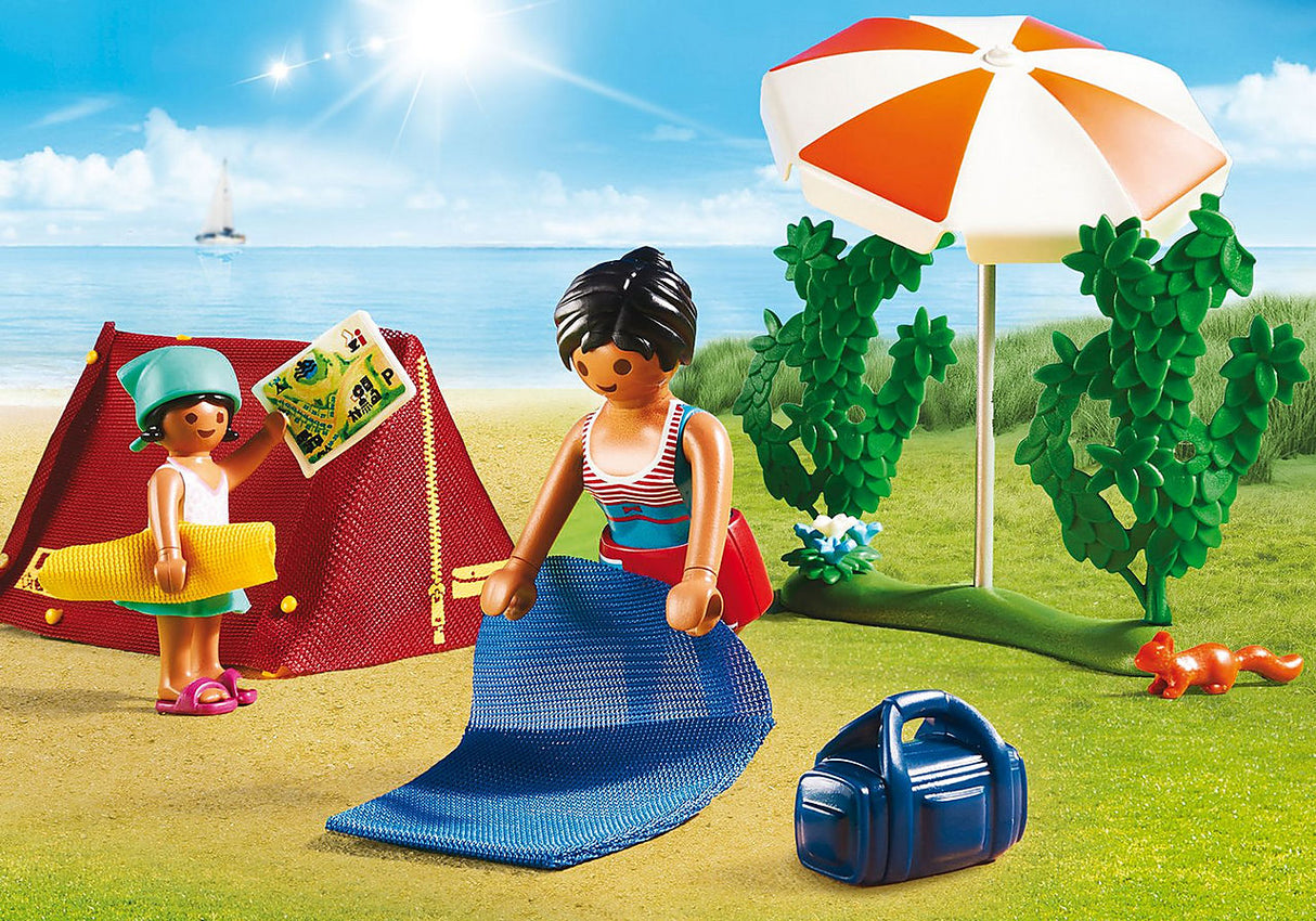 Family Fun | Campground with PLAYMOBIL figures setting up a tent and beach scene with umbrella and accessories.