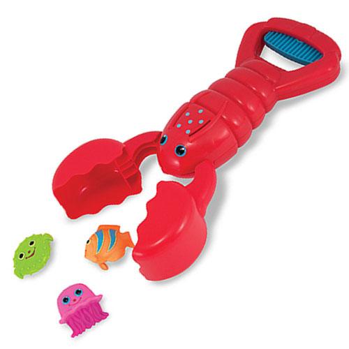 Lobster Claw Grabber pool toy in bright red with three colorful fishy sinkers for fun indoor and outdoor play.