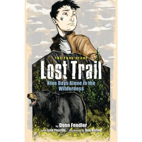 Lost Trail graphic novel cover showing a young boy and a bear in the Maine wilderness during a survival story.