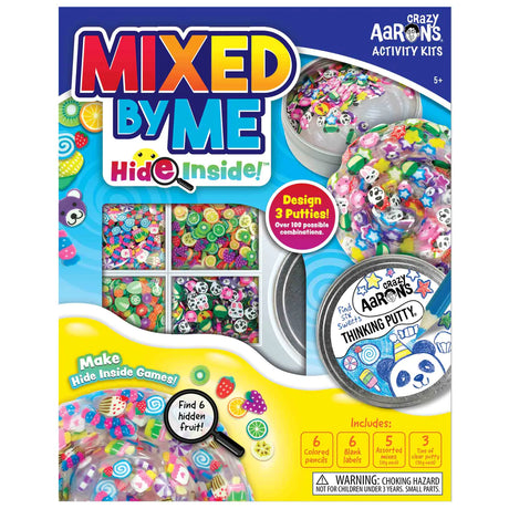 Mixed by Me Hide Inside Thinking Putty kit with colorful mix-ins, tins, and pencils for custom putty creations.