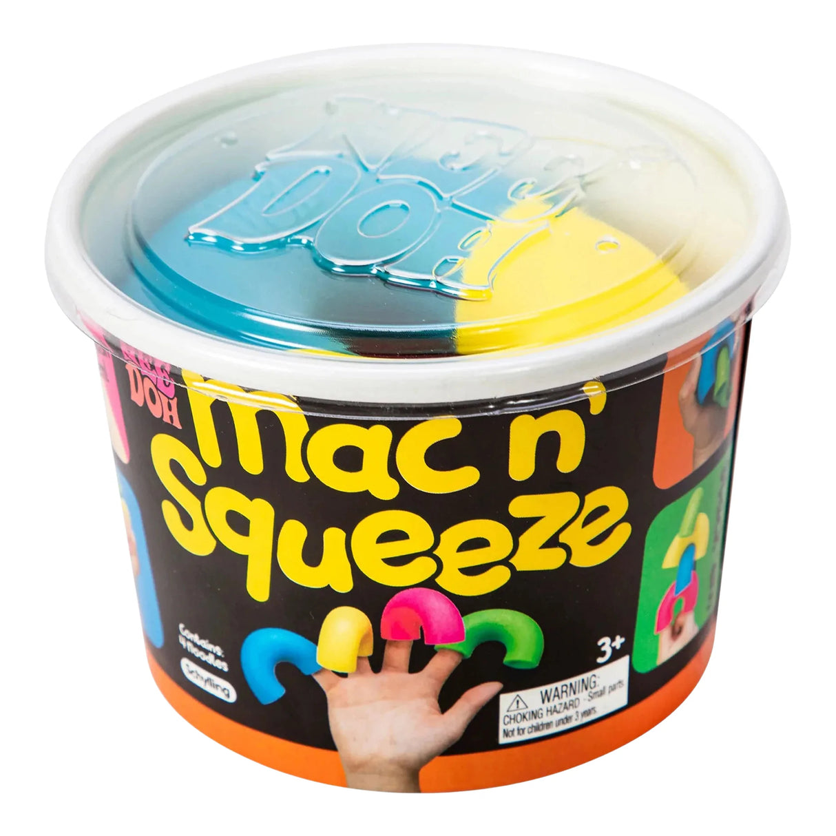 NeeDoh Mac n Squeeze container with colorful giant macaroni noodles toy for stretching and squeezing ages 3 and up.