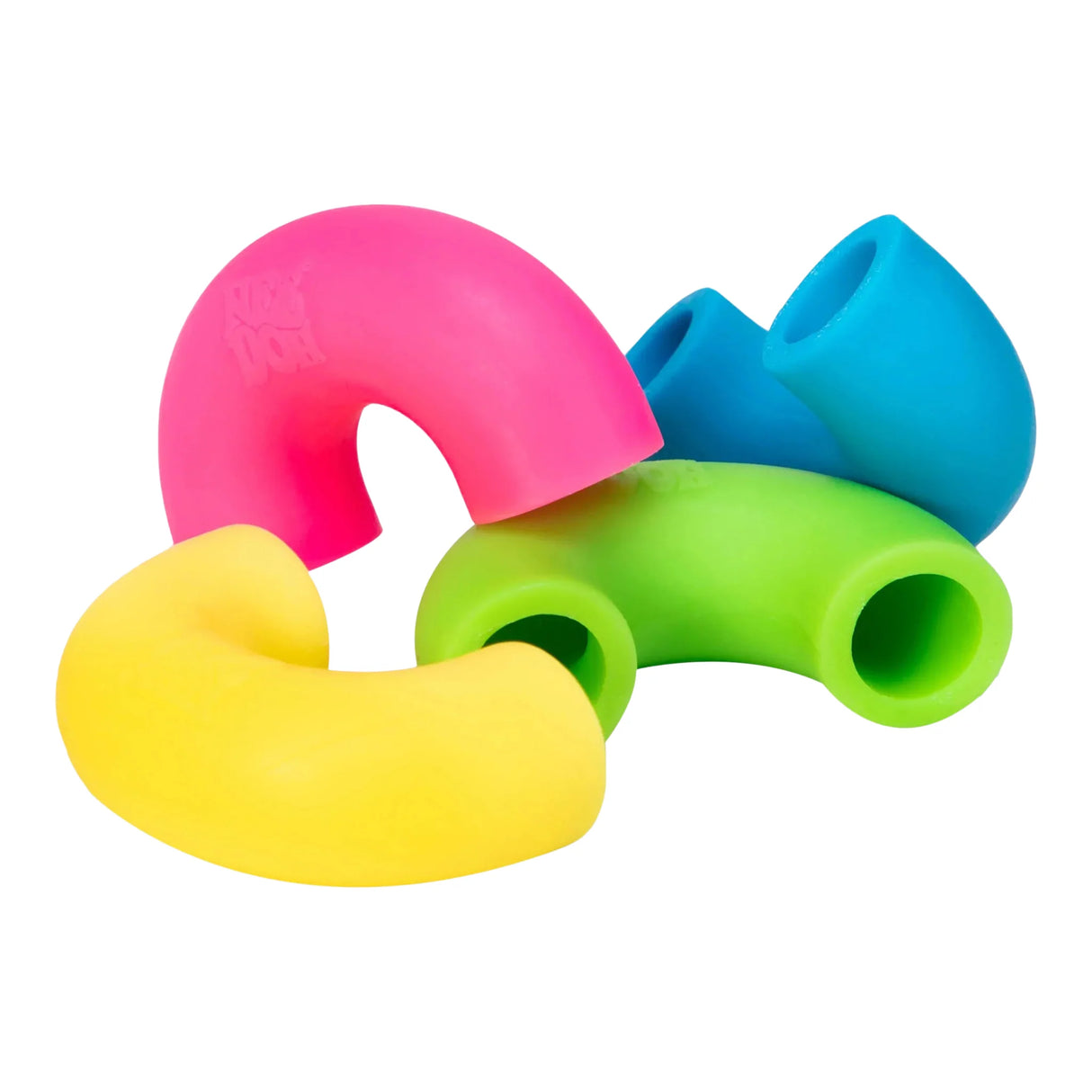 NeeDoh Mac n Squeeze colorful giant macaroni noodle toys in pink, blue, green, and yellow for stretching and squeezing fun.