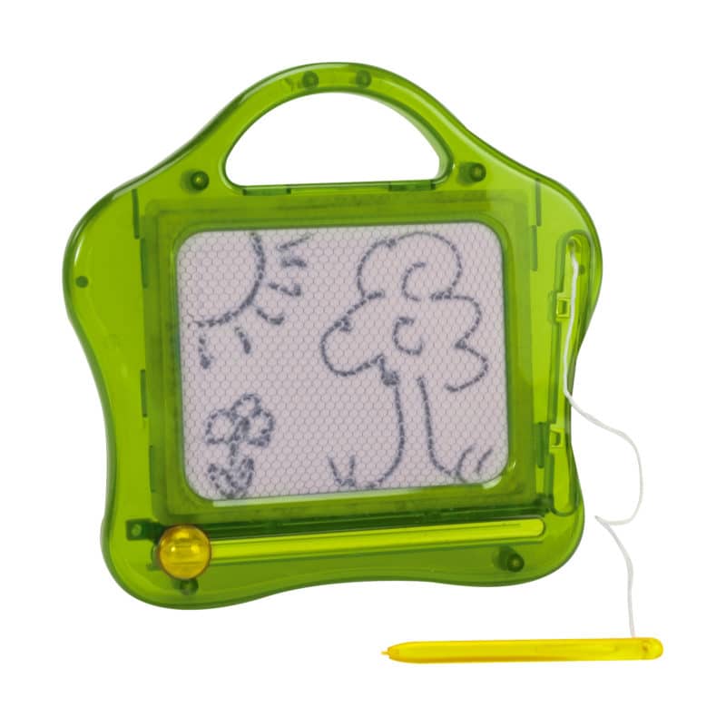 Magnetic Sketcher drawing pad in translucent green with yellow pen, perfect for endless car drawing fun for kids.