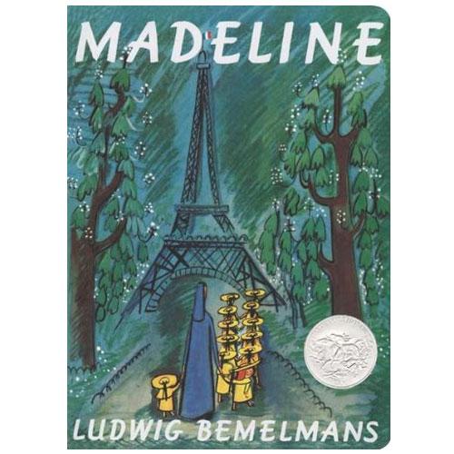 Madeline book cover showing children in yellow hats marching near the Eiffel Tower in Paris Madeline by Ludwig Bemelmans