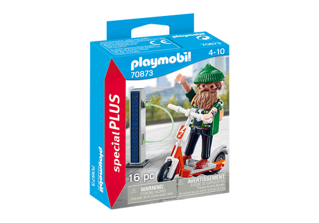 Special Plus | Man with E-Scooter Playmobil figure with charger, bearded man wearing green hat riding electric scooter.