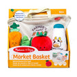 Fill & Spill Market Basket with mesh tote and plush squeaking carrot, rattling tomato, crinkling lettuce, and chime milk bottle.