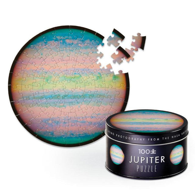 100pc Jupiter Puzzle with colorful planet image, 100 pieces in a decorative tin, perfect for kids and space lovers.