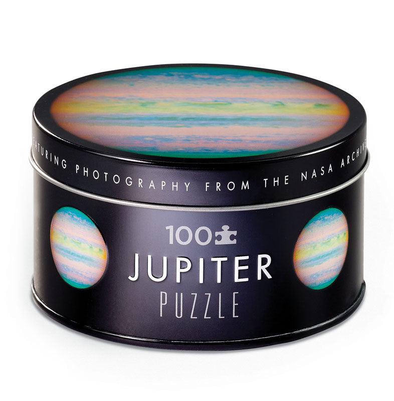 100pc Jupiter Puzzle in a decorative tin featuring a NASA image of Jupiter, perfect for kids and space lovers.