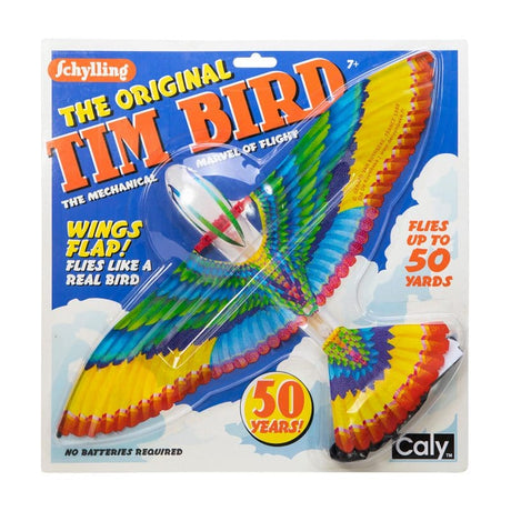 Tim Bird mechanical flying bird toy with colorful wingspan and flapping motion, suitable for ages 7 and up.