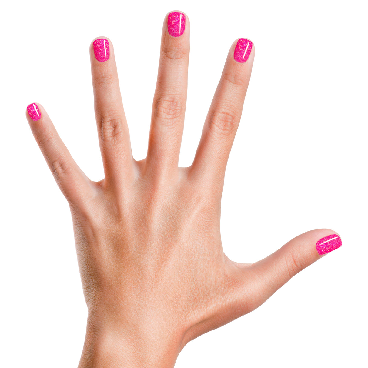 Hand with nails painted bright neon pink using Nail Polish Neon Lights, showing vibrant, durable finish.