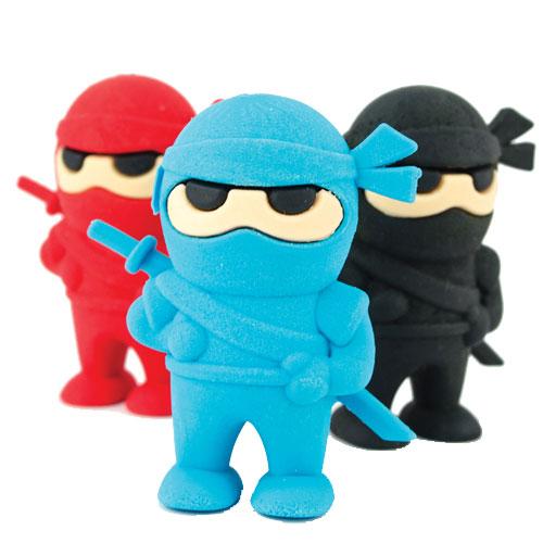 Ninja Erasers set of three in red, blue, and black, shaped like ninjas to erase pencil marks with style.
