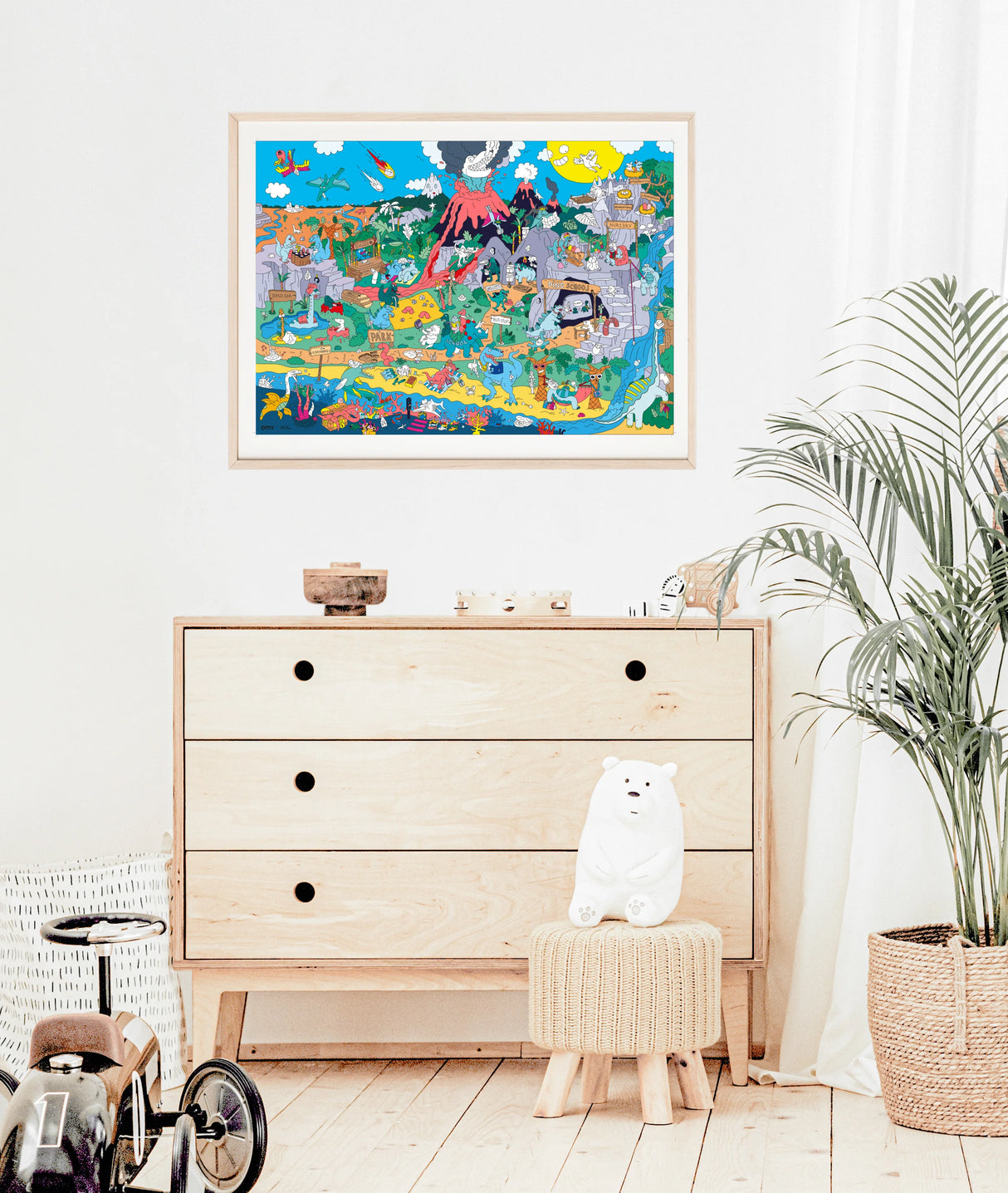 Dinosaur Giant Sticker Poster framed above a wooden dresser in a bright, cozy children's room with toys and plants.