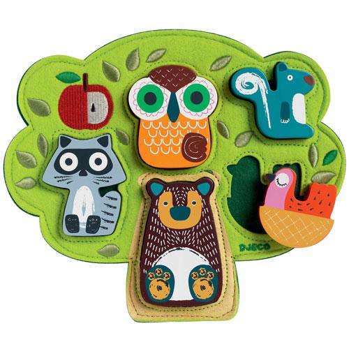 5pc Oski Puzzle colorful wooden animal pieces fitting into a green felt tree, perfect for toddlers ages 12 months and up